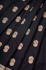 Real Zari Handloom Kadhua Banarasi Katan Silk Saree - Butidar - Black Floral