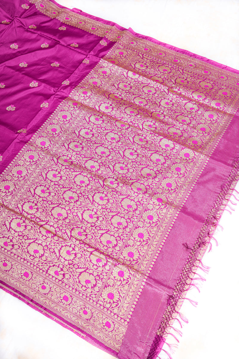 Real Zari Handloom Kadhua Banarasi Katan Silk Saree - Butidar - Purple Minedar