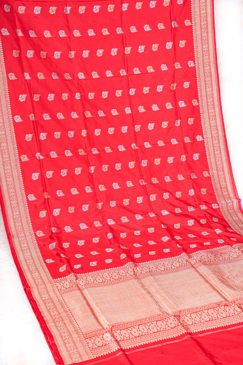 Handloom Kadhua Banarasi Katan Silk Saree - Butidar - Red Sona Rupa Floral