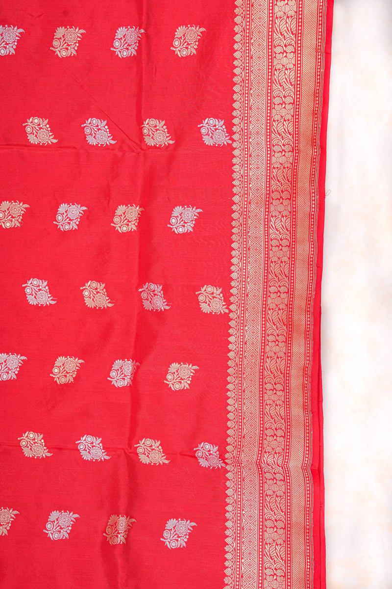 Handloom Kadhua Banarasi Katan Silk Saree - Butidar - Red Sona Rupa Floral