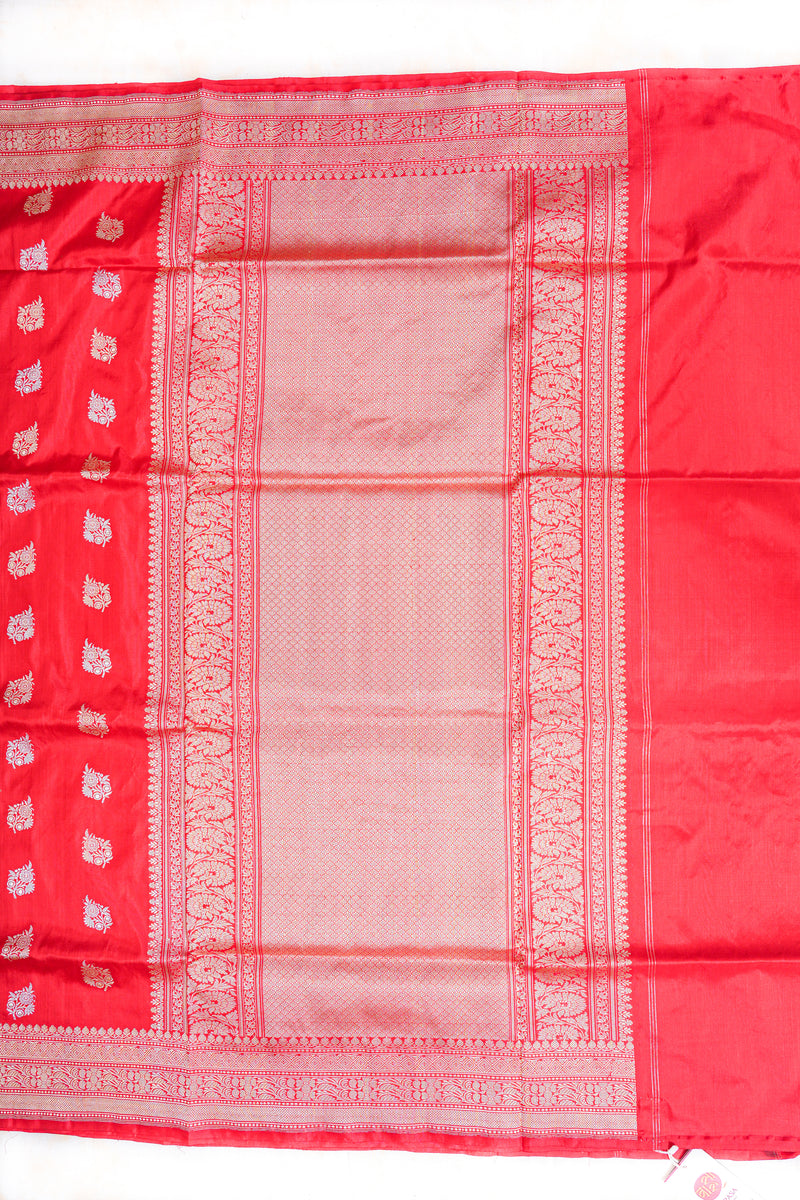 Handloom Kadhua Banarasi Katan Silk Saree - Butidar - Red Sona Rupa Floral