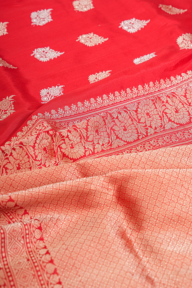 Handloom Kadhua Banarasi Katan Silk Saree - Butidar - Red Sona Rupa Floral