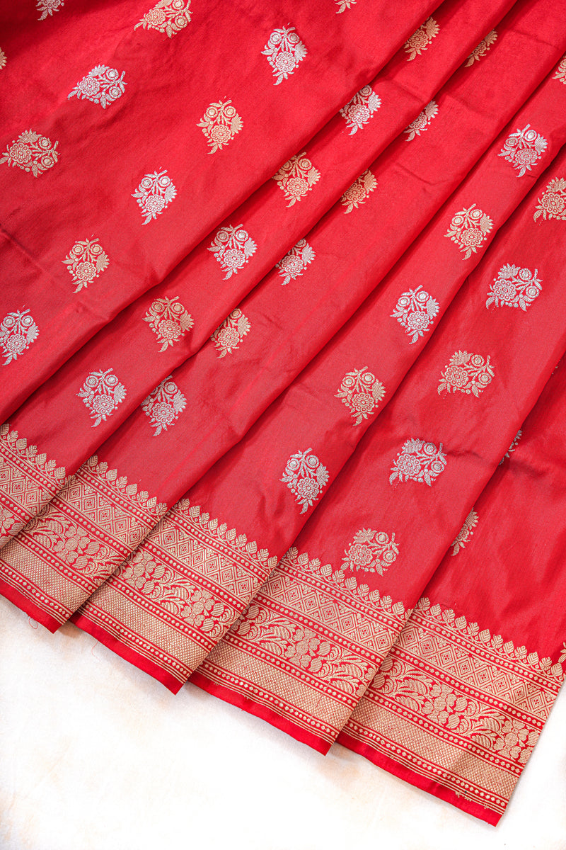 Handloom Kadhua Banarasi Katan Silk Saree - Butidar - Red Sona Rupa Floral