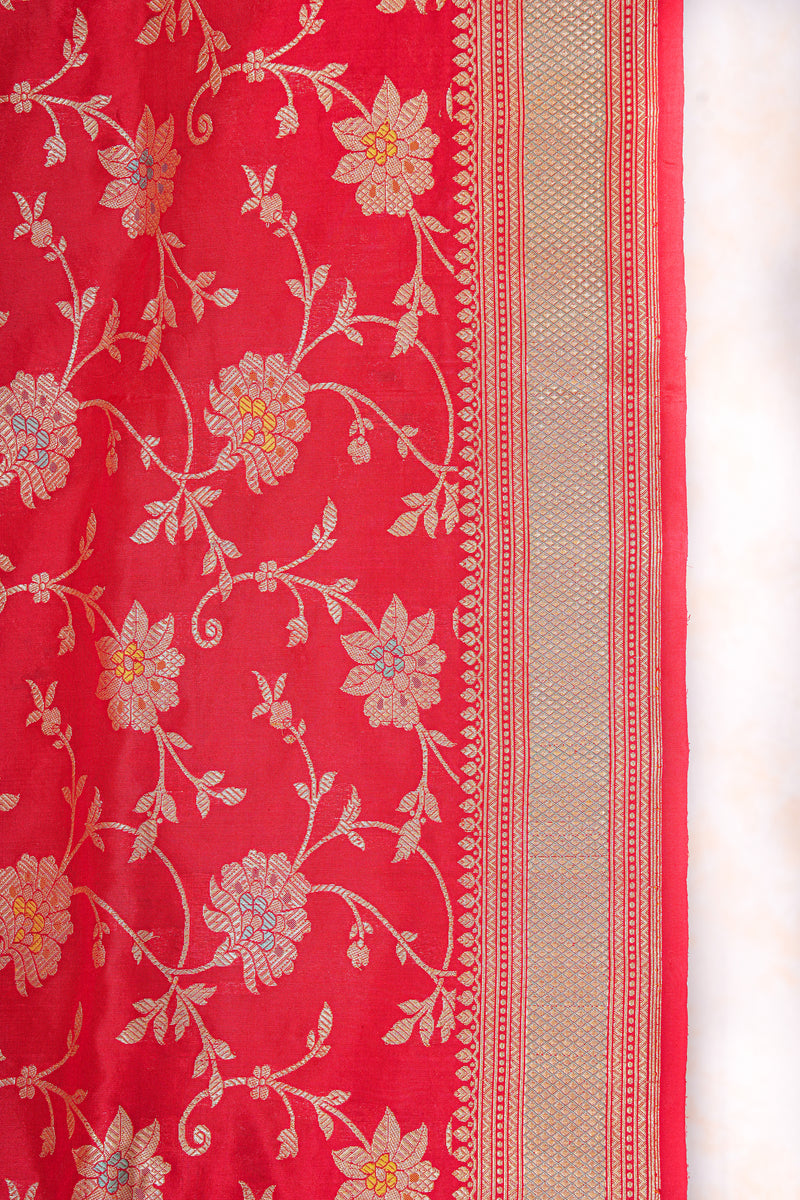 Real Zari Handloom Kadhua Banarasi Katan Silk Saree - Jaangla - Red Minakari