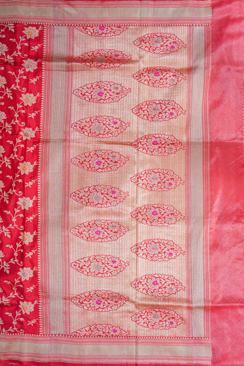 Real Zari Handloom Kadhua Banarasi Katan Silk Saree - Jaangla - Red Minakari