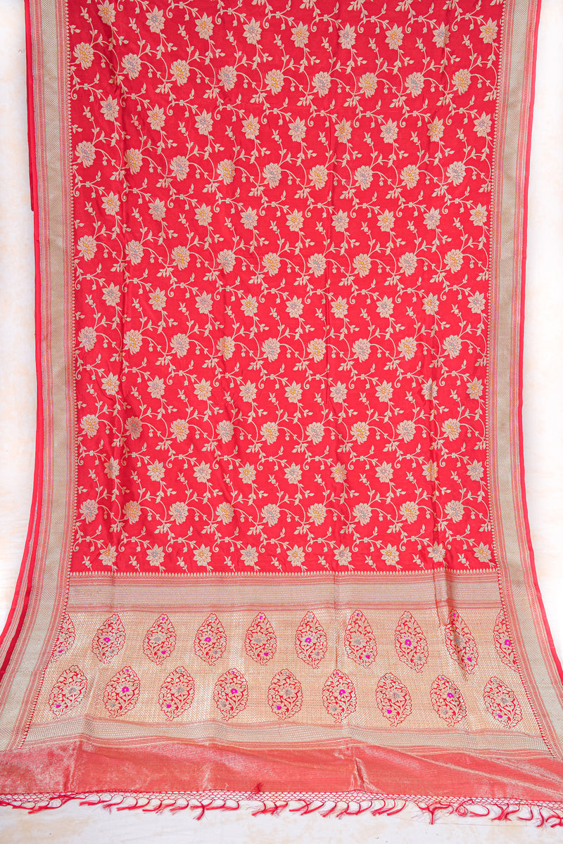 Real Zari Handloom Kadhua Banarasi Katan Silk Saree - Jaangla - Red Minakari