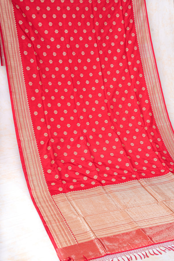 Real Zari Handloom Kadhua Banarasi Katan Silk Saree - Butidar - Red Chevron