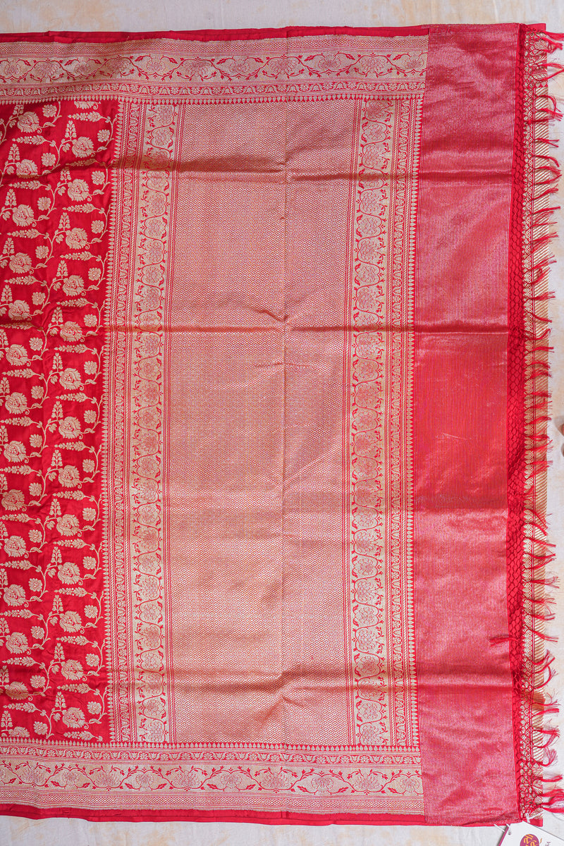 Real Zari Handloom Kadhua Banarasi Katan Silk Saree - Jaangla - Red