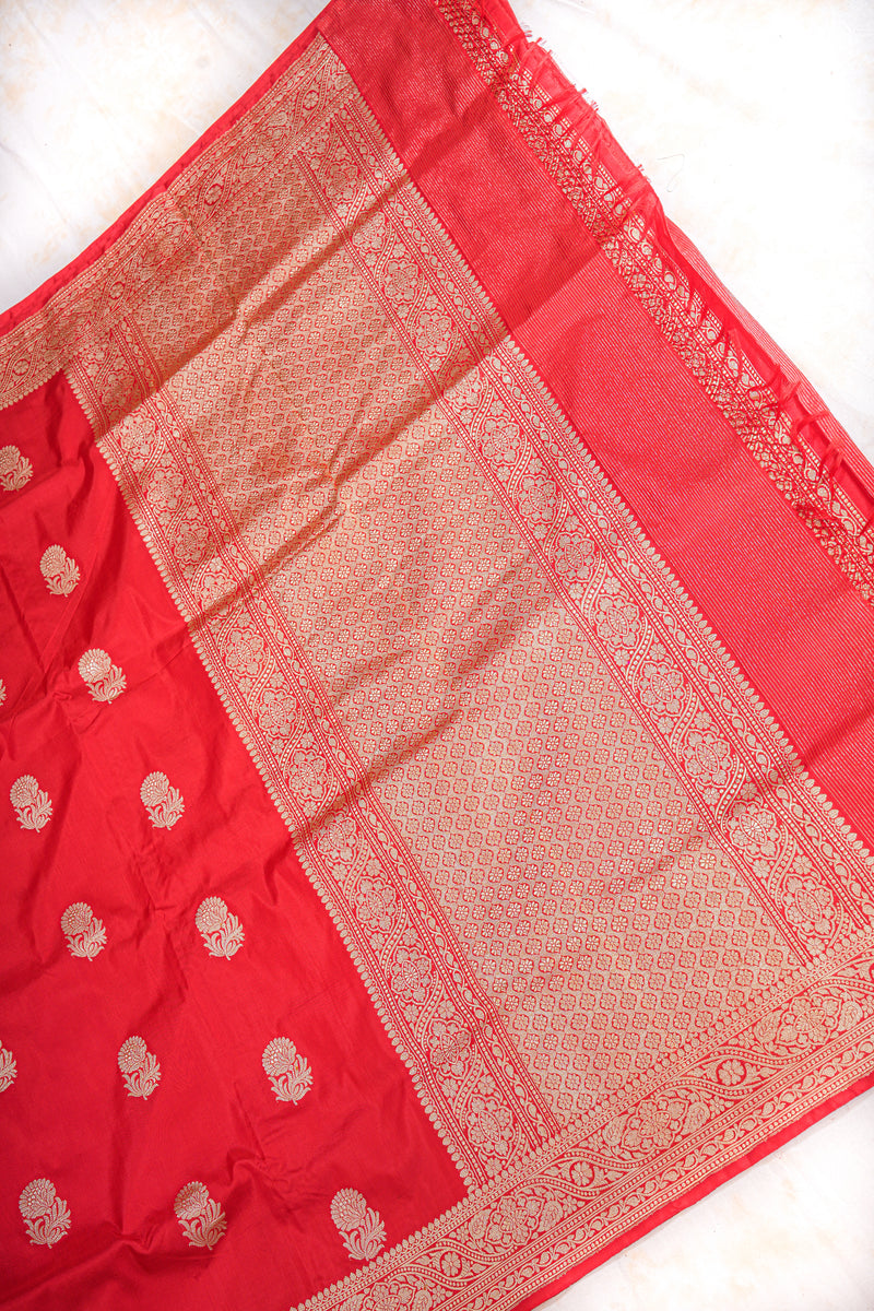 Real Zari Handloom Kadhua Banarasi Katan Silk Saree - Butidar - Red Floral