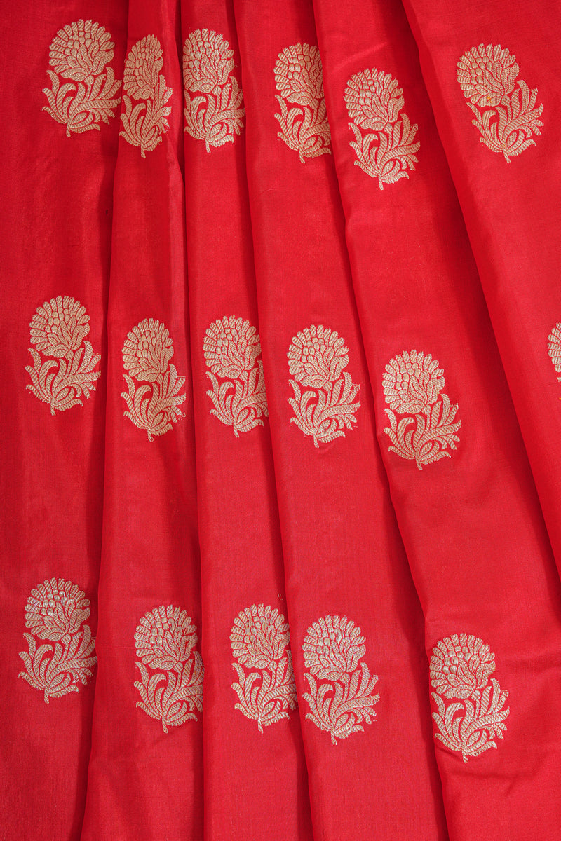 Real Zari Handloom Kadhua Banarasi Katan Silk Saree - Butidar - Red Floral