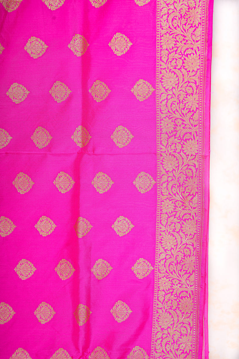 Real Zari Handloom Kadhua Banarasi Katan Silk Saree - Butidar - Hot Floral