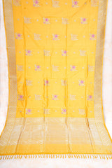 Real Zari Handloom Kadhua Banarasi Katan Silk Saree - Butidar - Yellow Pink Minedar