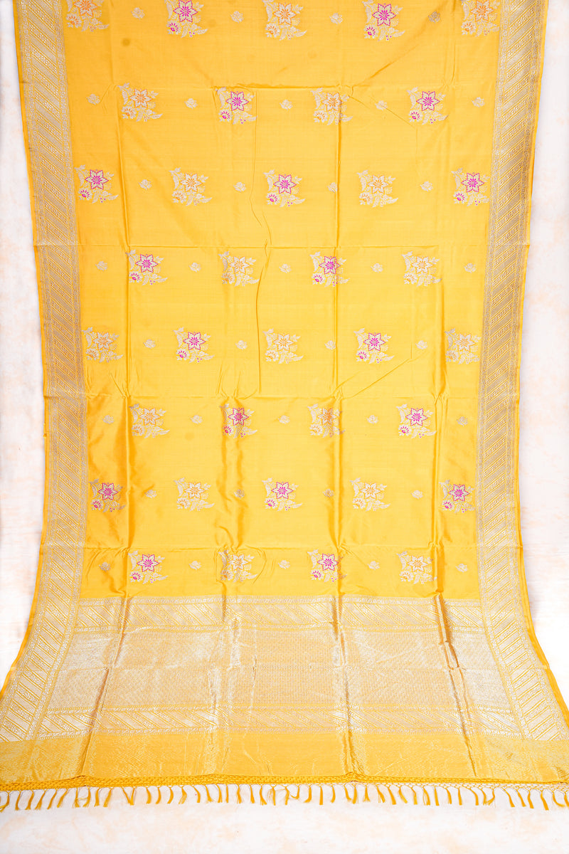 Real Zari Handloom Kadhua Banarasi Katan Silk Saree - Butidar - Yellow Pink Minedar