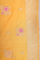 Real Zari Handloom Kadhua Banarasi Katan Silk Saree - Butidar - Yellow Pink Minedar