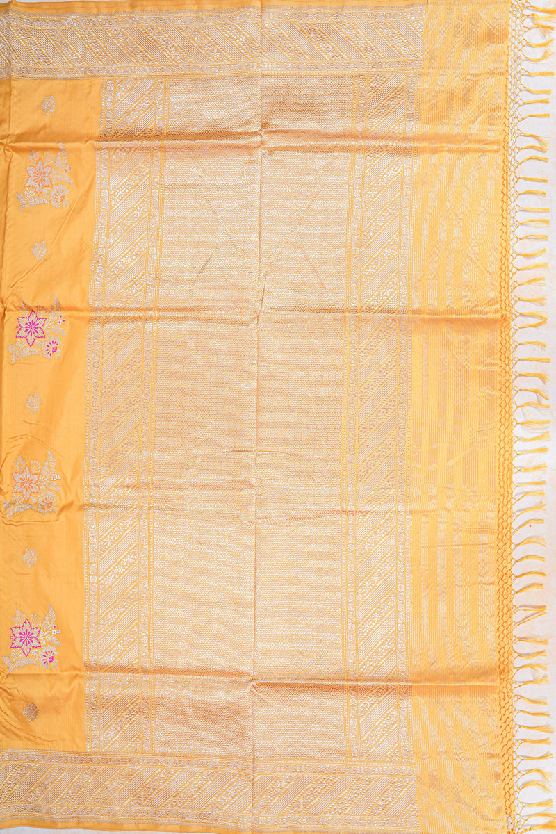 Real Zari Handloom Kadhua Banarasi Katan Silk Saree - Butidar - Yellow Pink Minedar