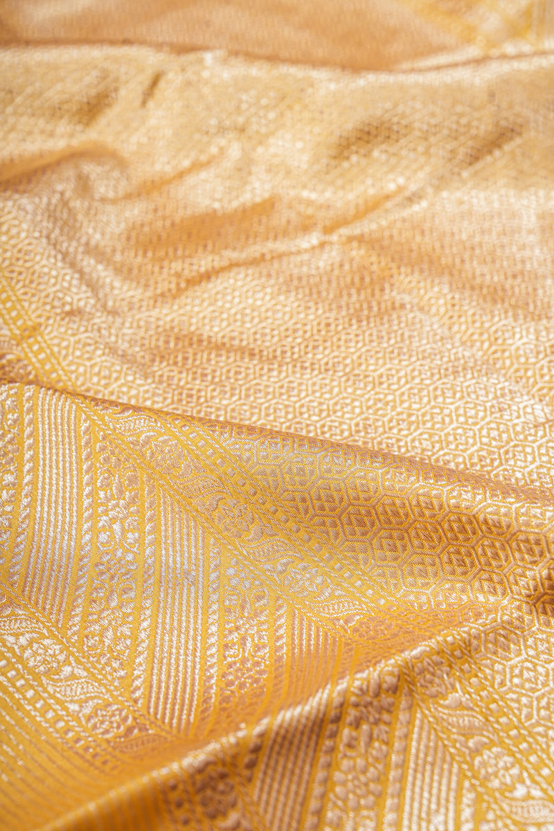 Real Zari Handloom Kadhua Banarasi Katan Silk Saree - Butidar - Yellow Pink Minedar