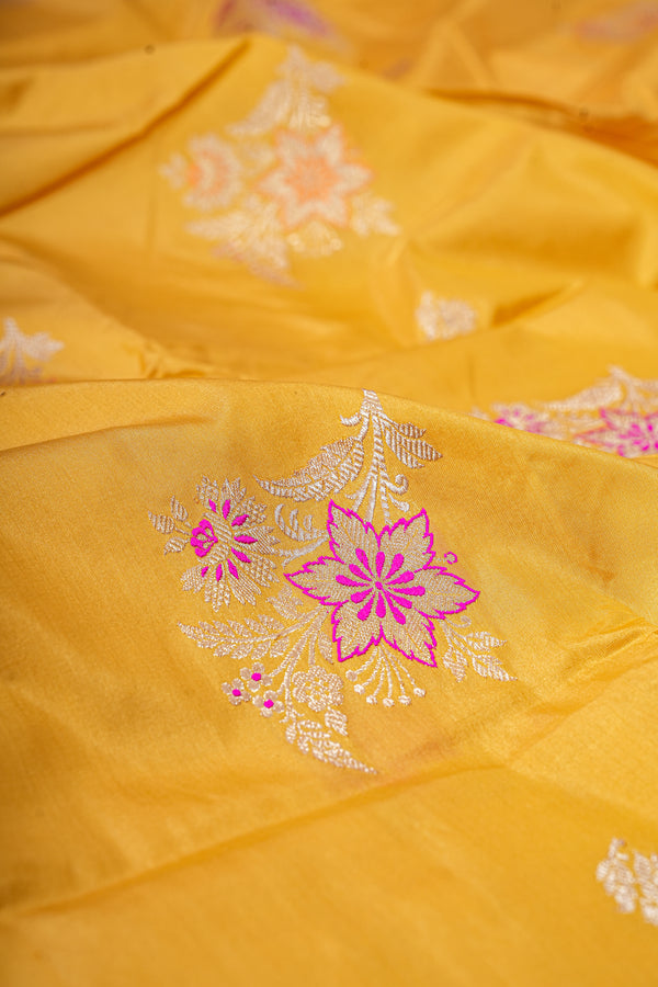 Real Zari Handloom Kadhua Banarasi Katan Silk Saree - Butidar - Yellow Pink Minedar