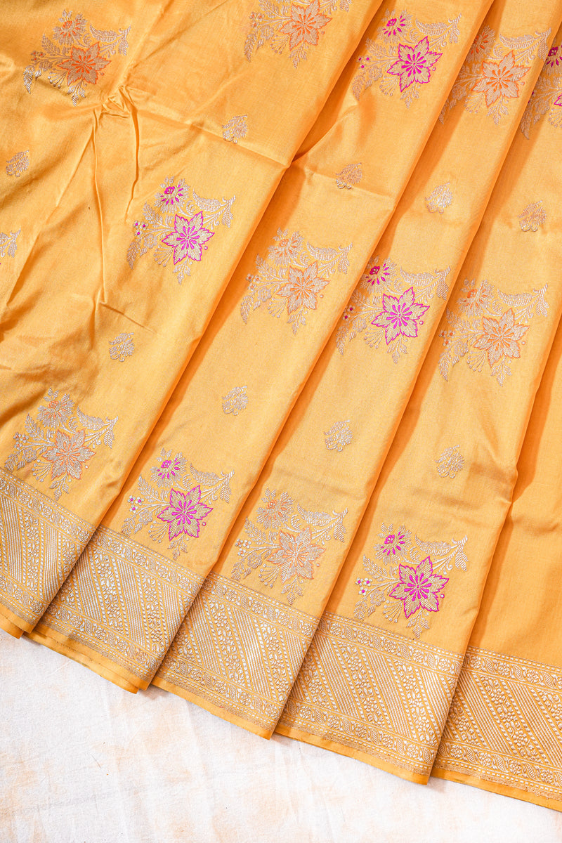 Real Zari Handloom Kadhua Banarasi Katan Silk Saree - Butidar - Yellow Pink Minedar