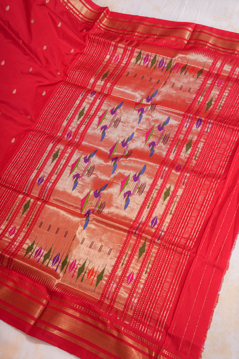 Handloom Paithani Silk Saree - Classic Pallu -  Red