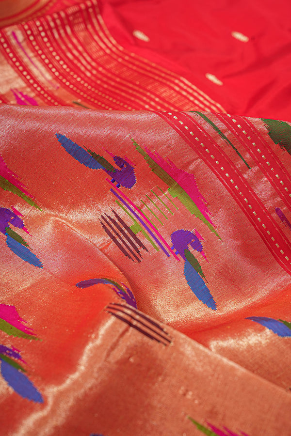 Handloom Paithani Silk Saree - Classic Pallu -  Red