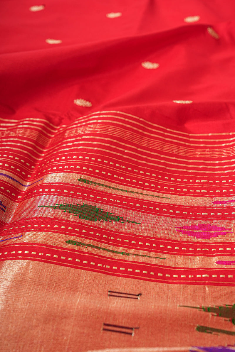 Handloom Paithani Silk Saree - Classic Pallu -  Red