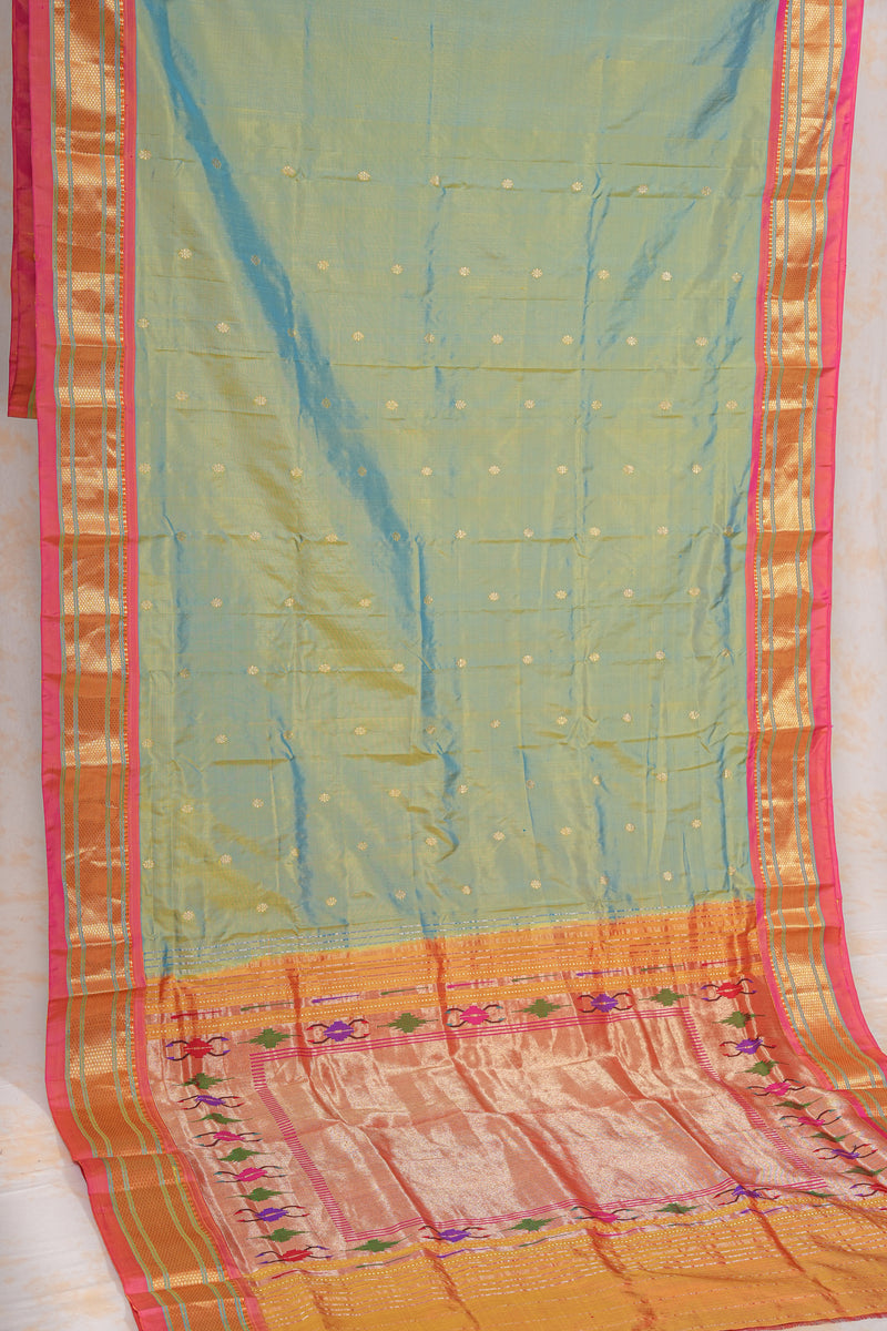 Handloom Paithani Silk Saree - Tawa Pallu - Cyan