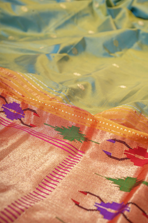 Handloom Paithani Silk Saree - Tawa Pallu - Cyan