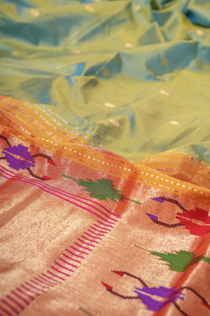 Handloom Paithani Silk Saree - Tawa Pallu - Cyan