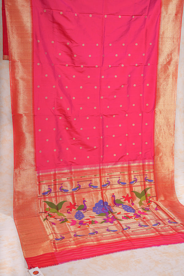 Handloom Paithani Silk Saree - Pink Peacock Motif Plain Border