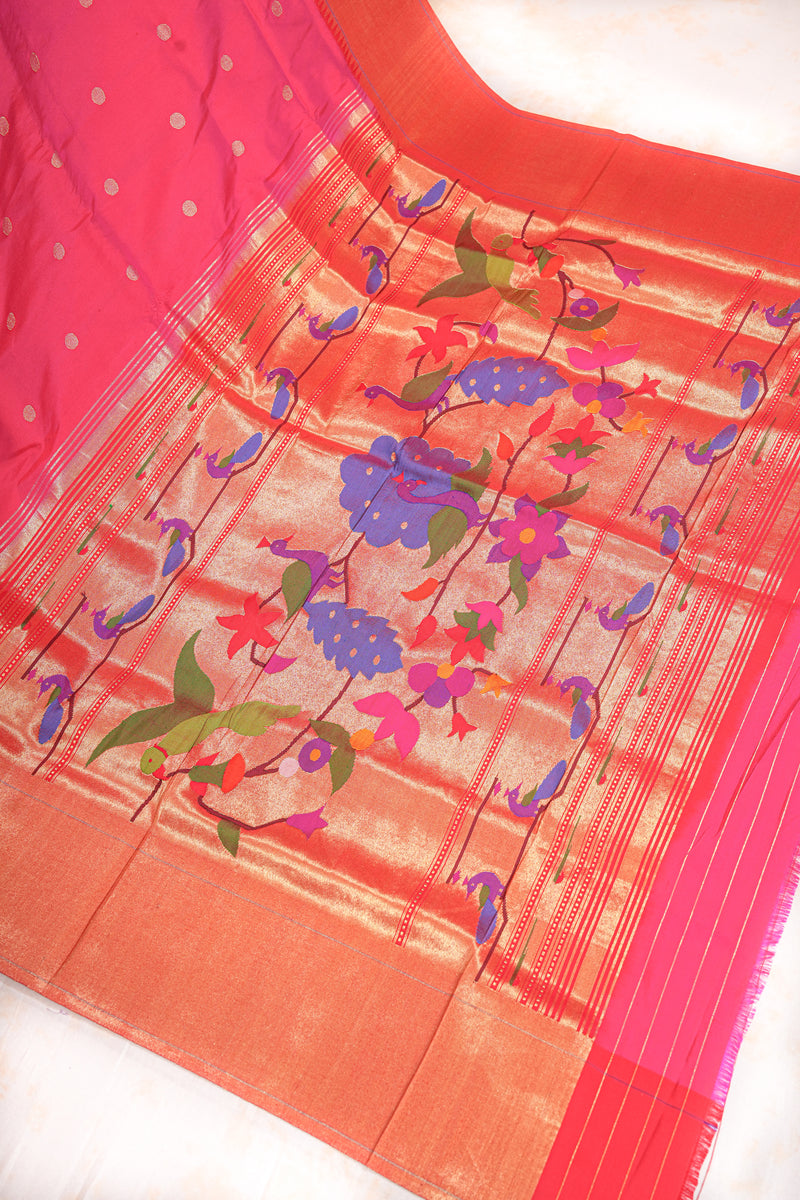 Handloom Paithani Silk Saree - Pink Peacock Motif Plain Border