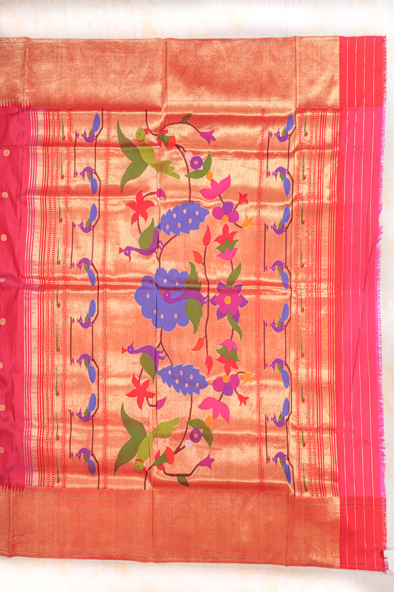 Handloom Paithani Silk Saree - Pink Peacock Motif Plain Border