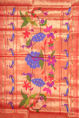 Handloom Paithani Silk Saree - Pink Peacock Motif Plain Border