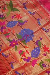 Handloom Paithani Silk Saree - Pink Peacock Motif Plain Border