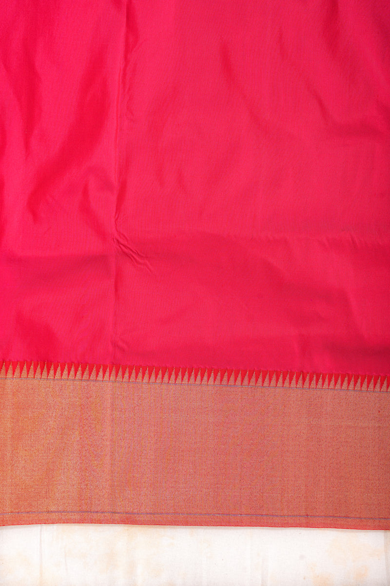 Handloom Paithani Silk Saree - Pink Peacock Motif Plain Border