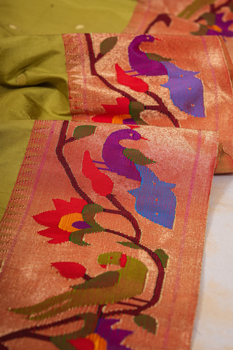 Handloom Paithani Silk Saree - Mehendi Green