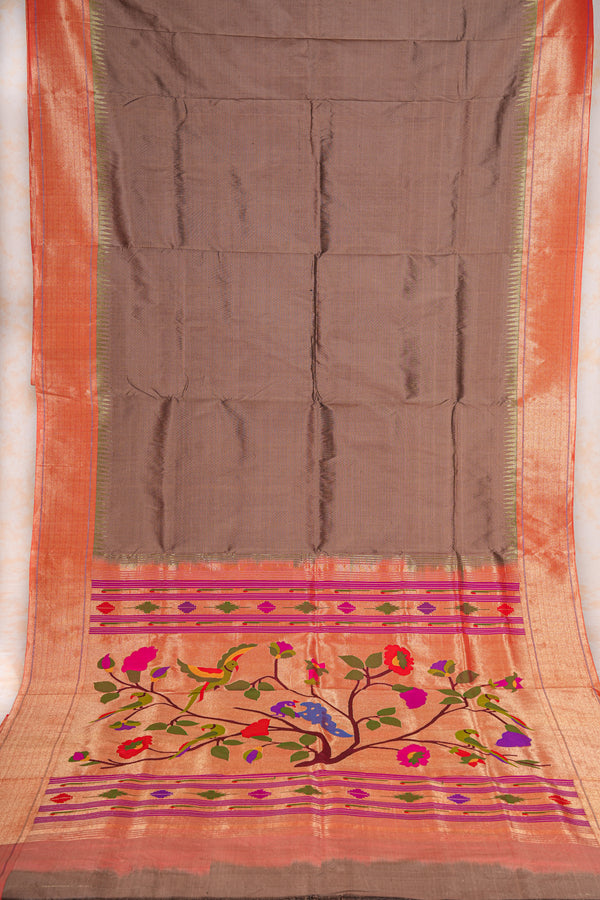 Handloom Paithani Silk Saree - Rustic Gold Parrot Peacock Plain Boder