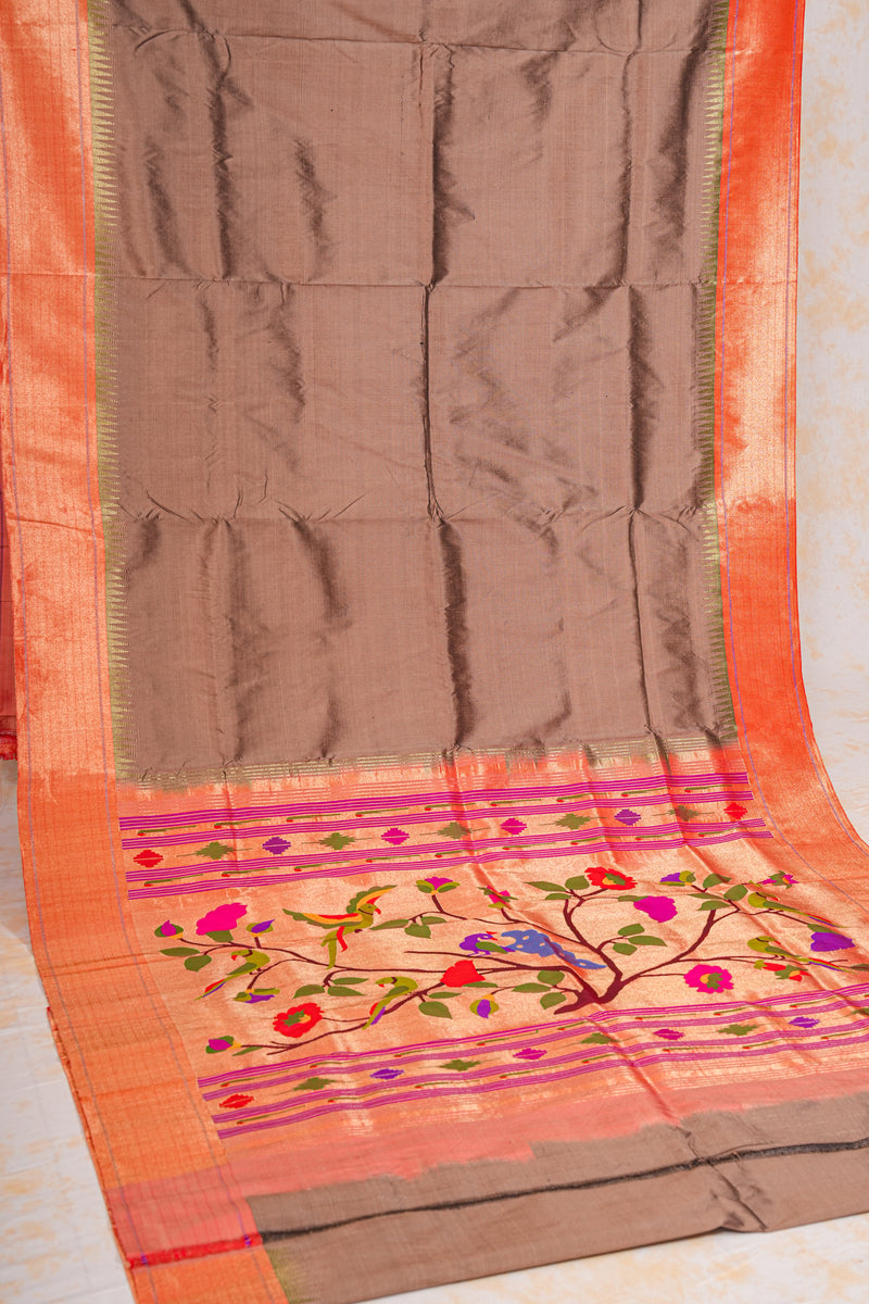 Handloom Paithani Silk Saree - Rustic Gold Parrot Peacock Plain Boder