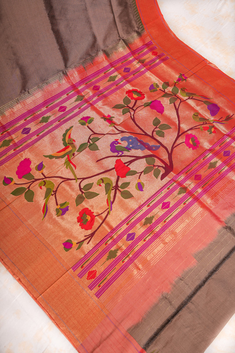 Handloom Paithani Silk Saree - Rustic Gold Parrot Peacock Plain Boder