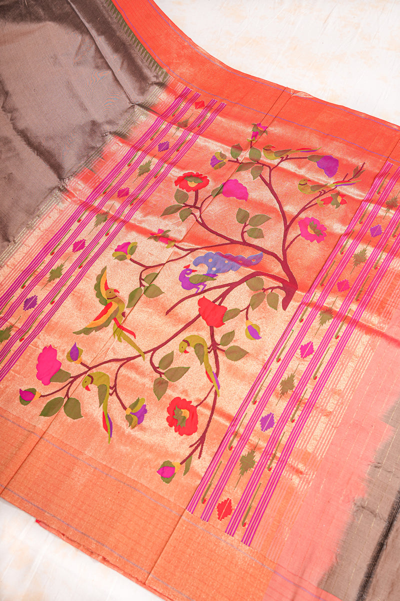 Handloom Paithani Silk Saree - Rustic Gold Parrot Peacock Plain Boder