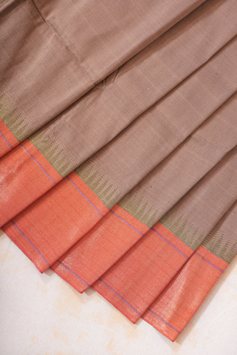 Handloom Paithani Silk Saree - Rustic Gold Parrot Peacock Plain Boder