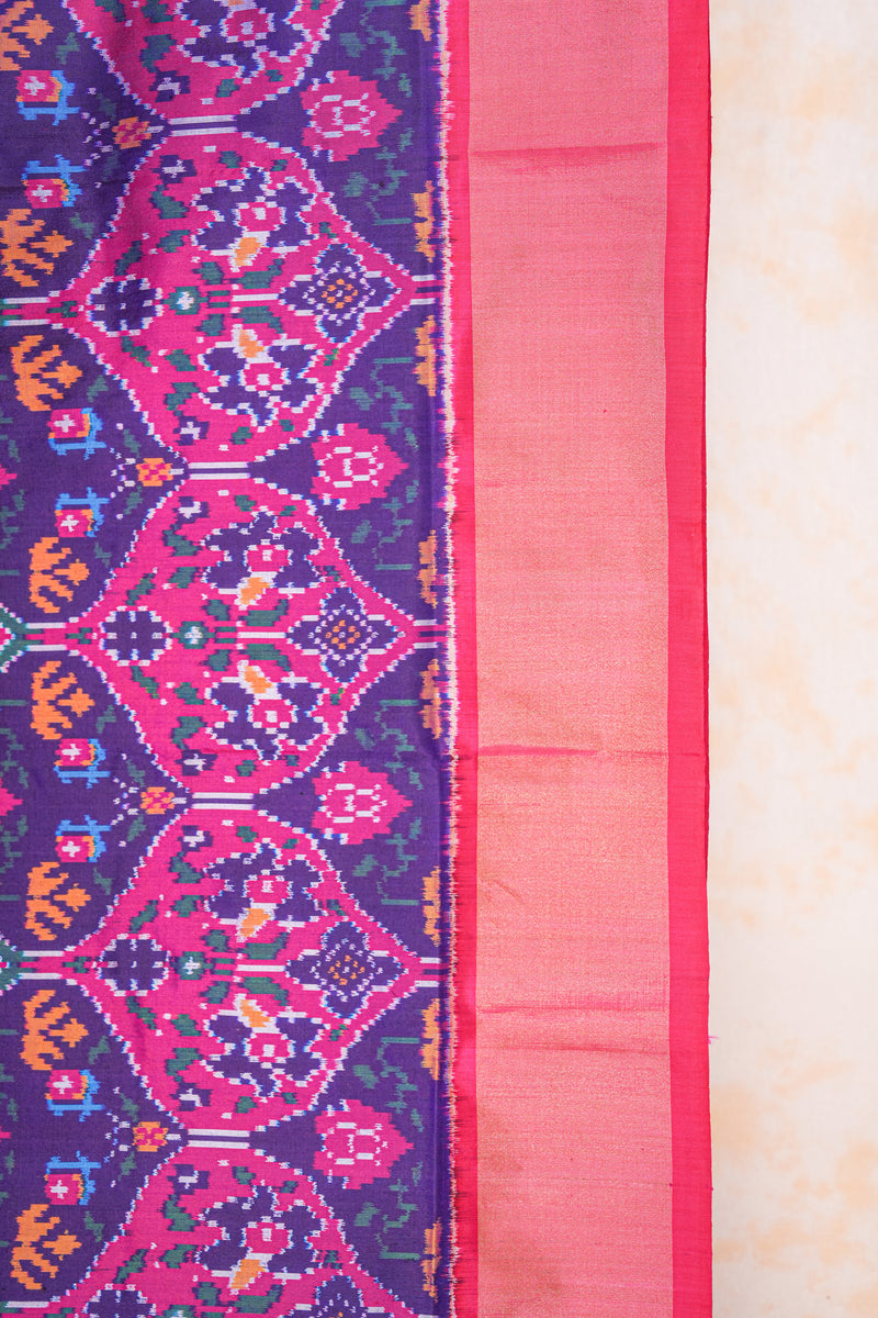 Handloom Ikat Silk Saree - Navy Blue Fuldani Motif Pink Pallu