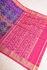 Handloom Ikat Silk Saree - Navy Blue Fuldani Motif Pink Pallu