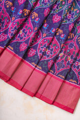 Handloom Ikat Silk Saree - Navy Blue Fuldani Motif Pink Pallu