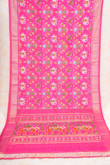 Handloom Ikat Silk Saree-Pink Elephant and Parrot Motif