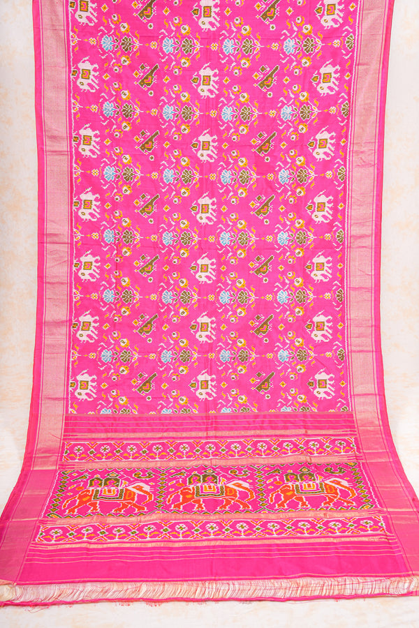 Handloom Ikat Silk Saree-Pink Elephant and Parrot Motif