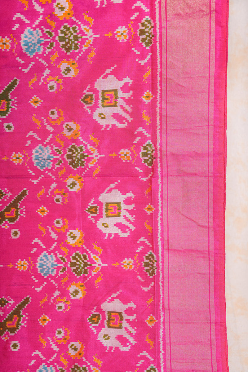 Handloom Ikat Silk Saree-Pink Elephant and Parrot Motif