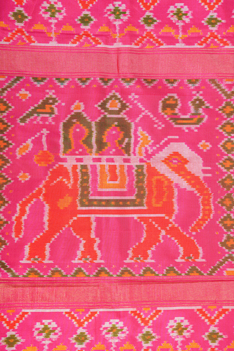 Handloom Ikat Silk Saree-Pink Elephant and Parrot Motif