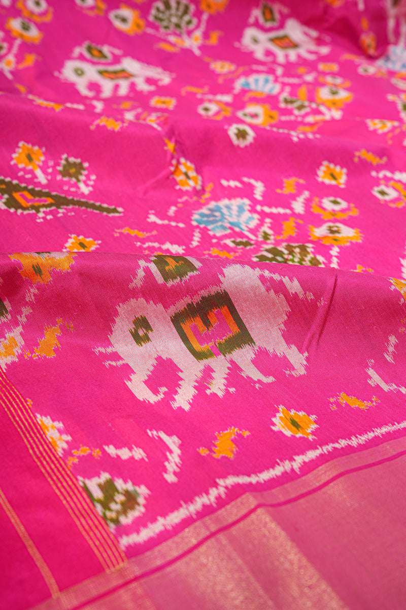 Handloom Ikat Silk Saree-Pink Elephant and Parrot Motif