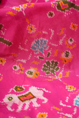 Handloom Ikat Silk Saree-Pink Elephant and Parrot Motif