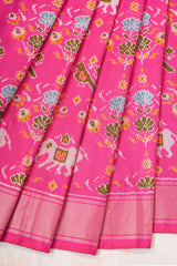 Handloom Ikat Silk Saree-Pink Elephant and Parrot Motif